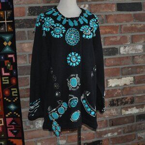 Vintage Embellished Turquoise Silver Beaded Michael Simon Sweater Cardigan KNIT